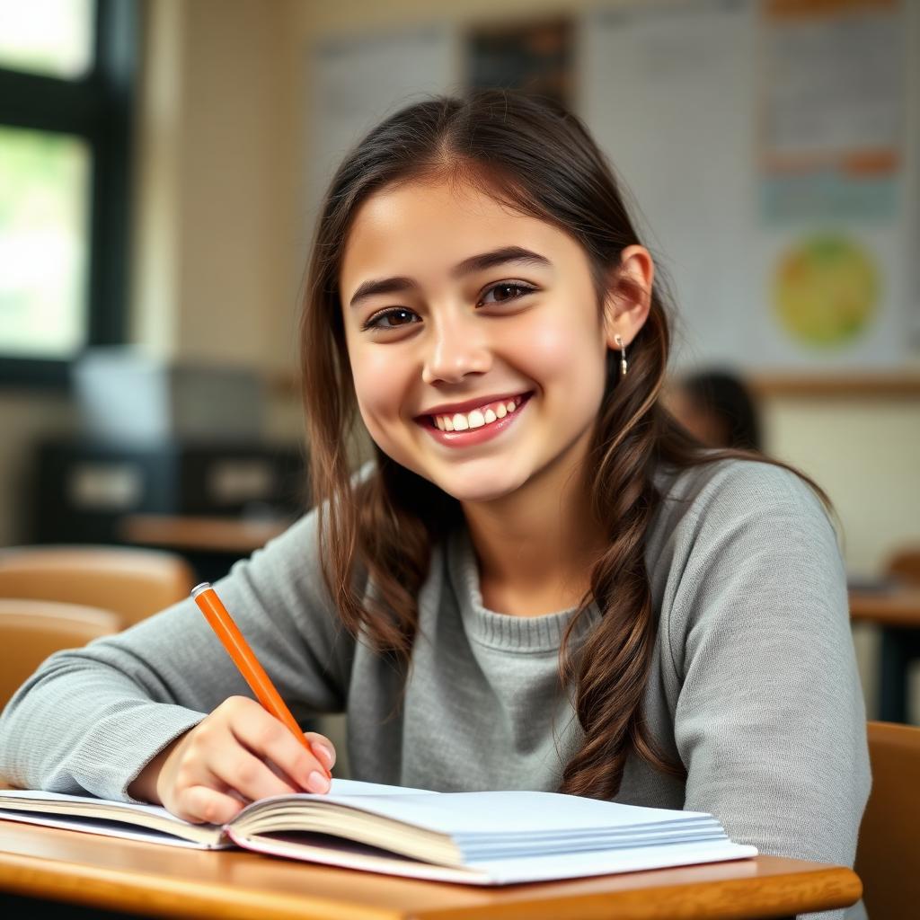 Smiling teen studying at her desk
