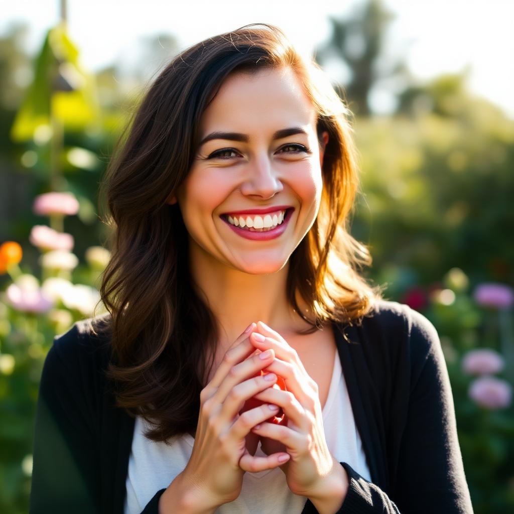 Smiling woman in a sunlit garden
